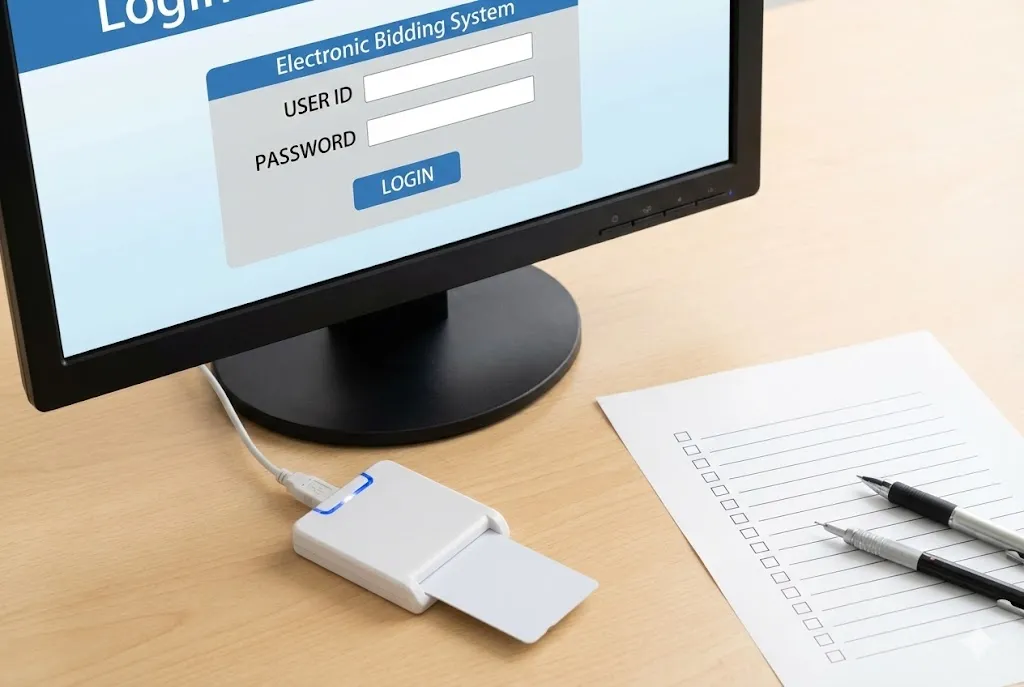 電子入札システムのログイン画面とICカードリーダー