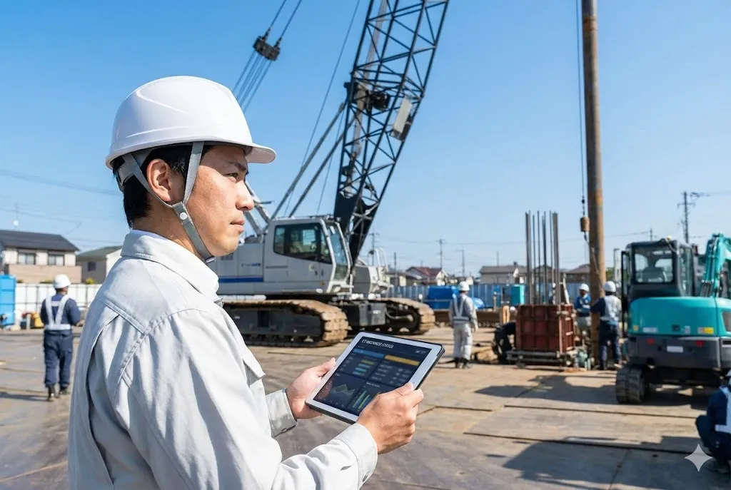 建設現場の最前線で、タブレットを手に最新のICT建機の稼働状況を確認する、白いヘルメットと作業服を着た現場監督の横顔。
