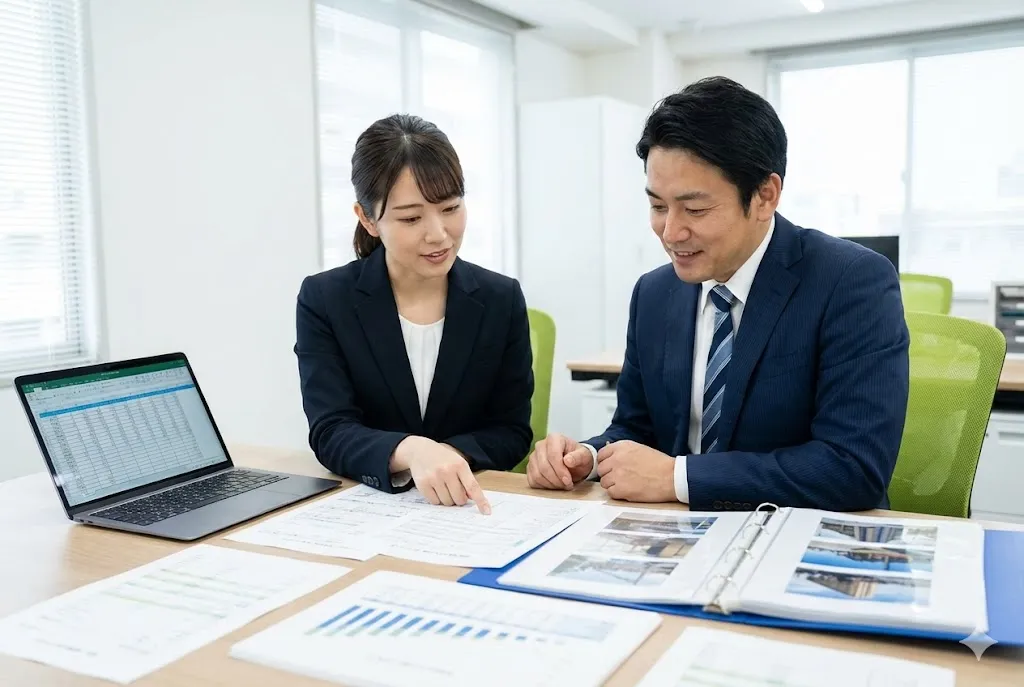 明るいオフィスで税務書類を前に打ち合わせをするスーツの男女。