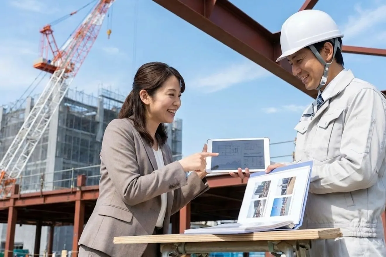 建設現場で図面とデジタル端末を使いながら進行状況に合わせた予算調整の打ち合わせを行う現場監督と施主