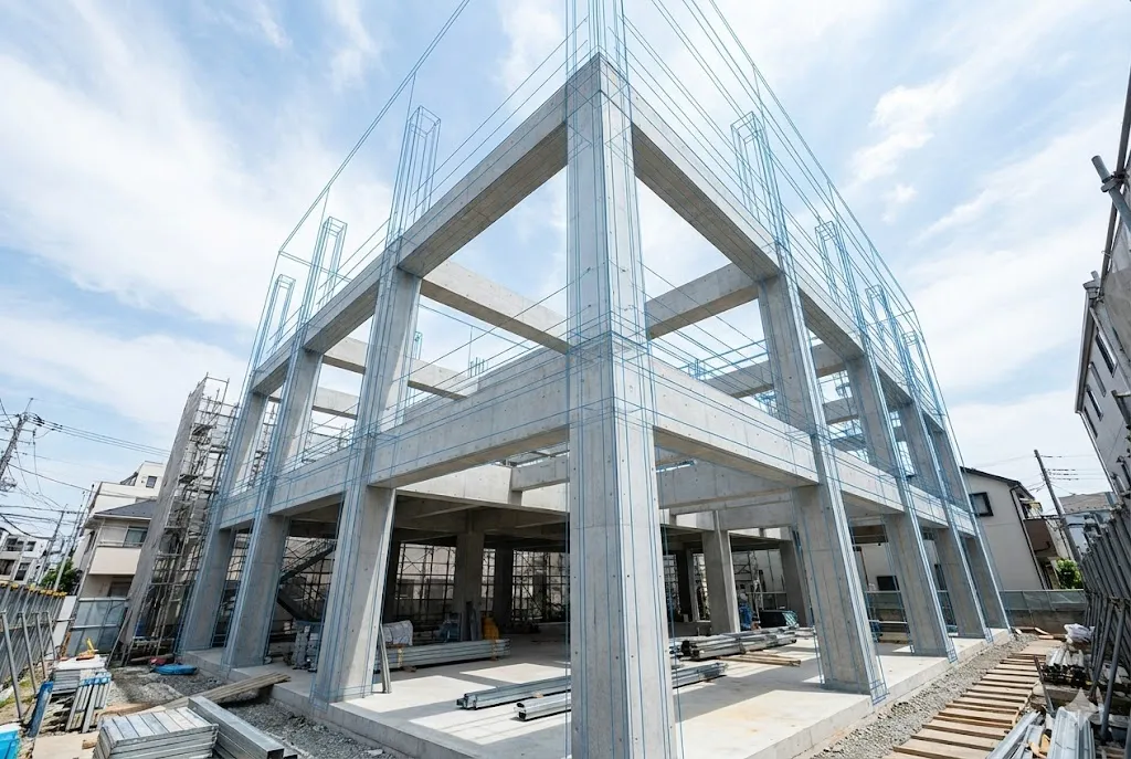 建設現場の背景に、デジタルで構築された建物の3Dモデルが重なり合っている写真。