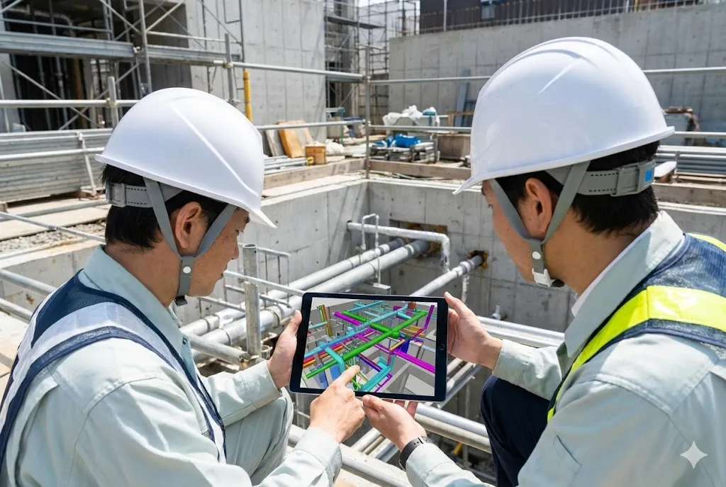 ヘルメットを被った現場監督と作業員が、工事現場で一台のタブレット端末を覗き込んでいる様子。