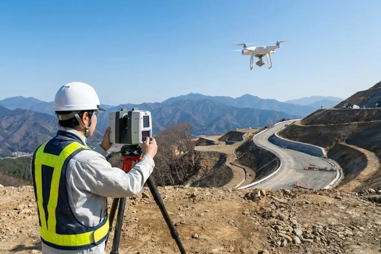 ドローンと3Dレーザースキャナーを使用して地形データを取得している測量現場のイメージ
