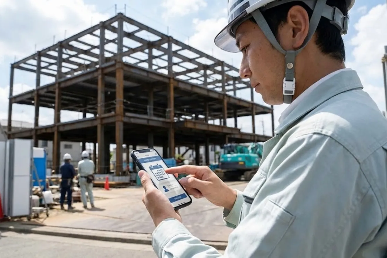 スマホアプリで建設キャリアアップシステムの就業履歴を登録する作業員の写真