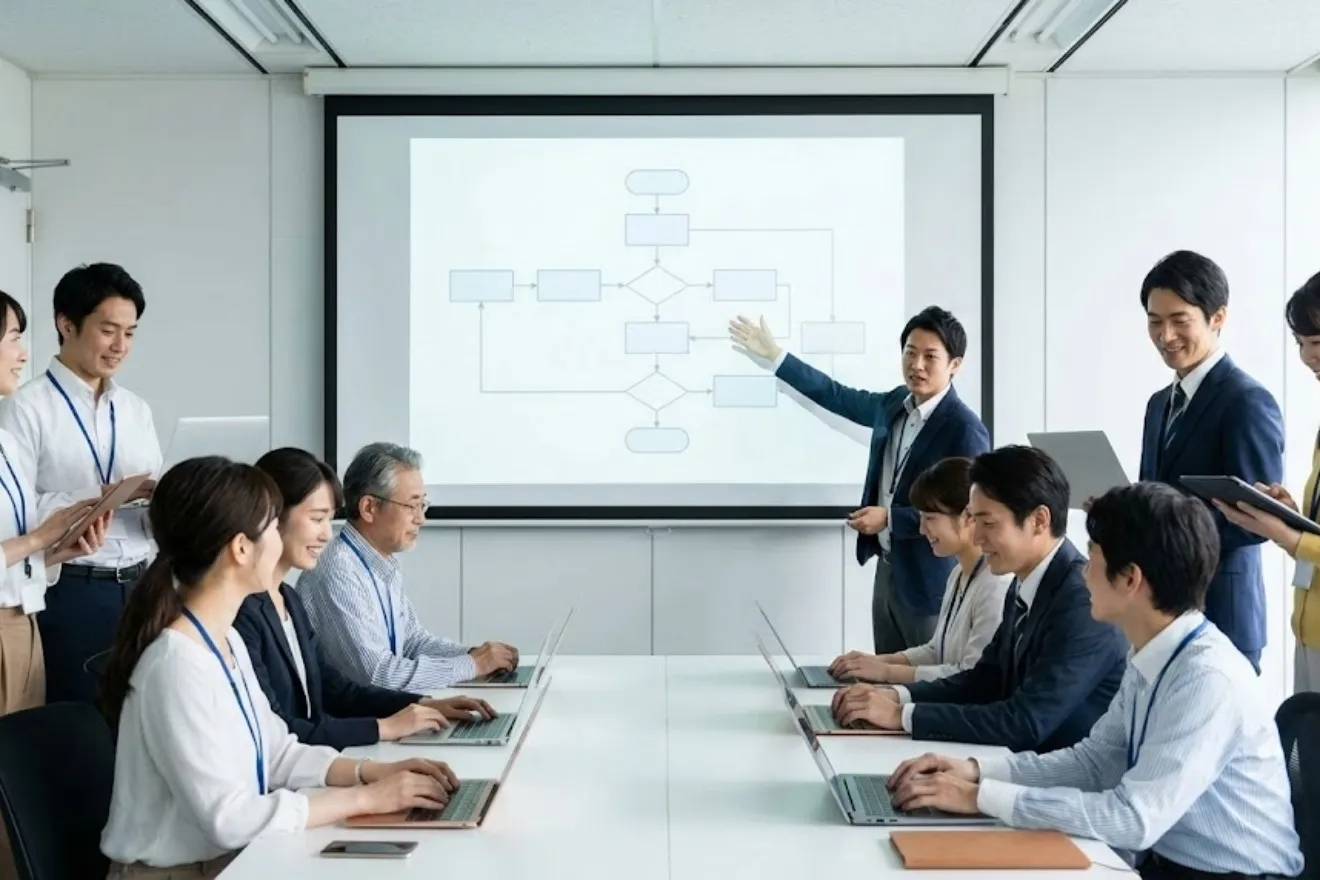 明るい会議室でIT研修を受ける社員たちと講師の風景