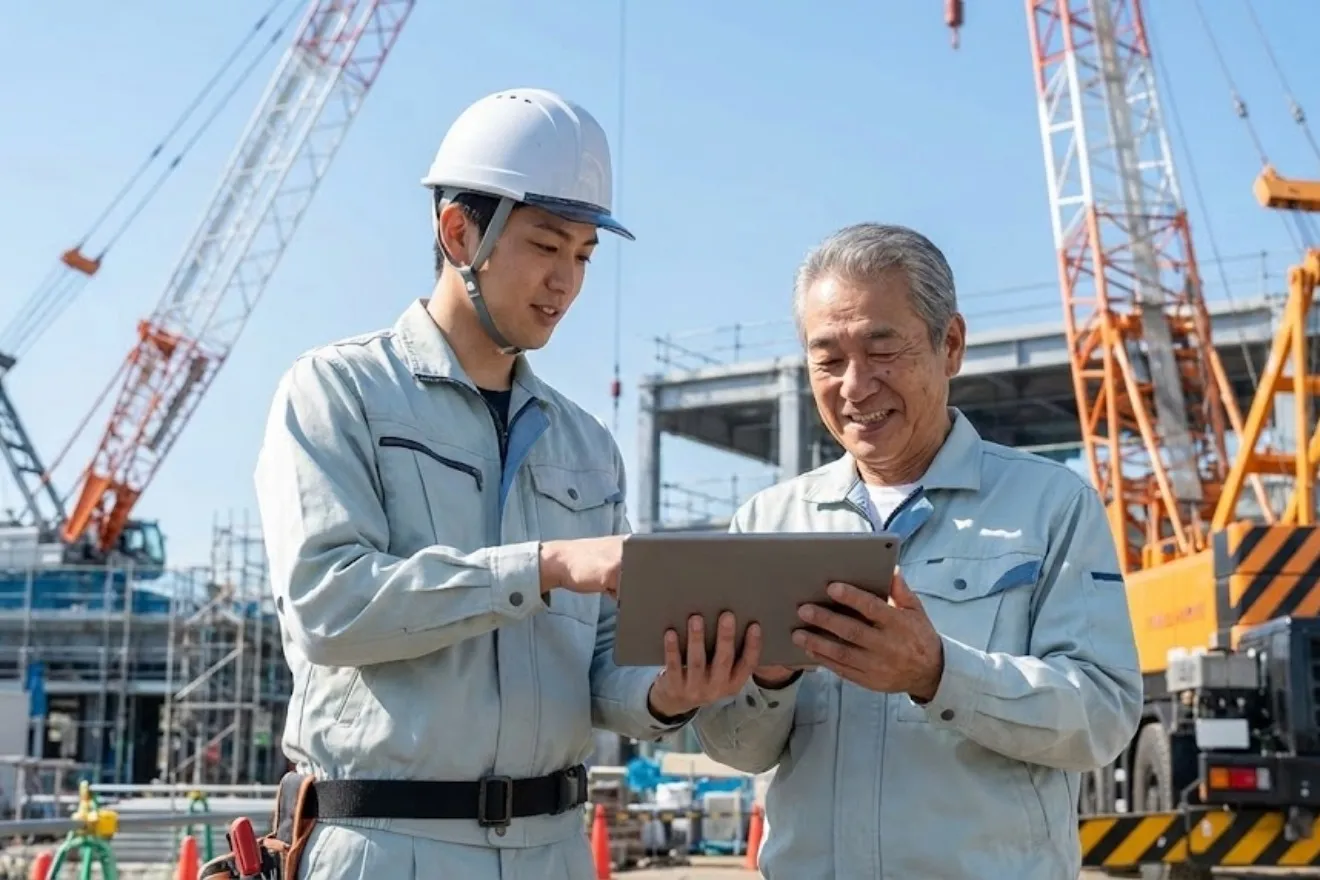 現場でタブレットの使い方を教える若手とベテランの社員