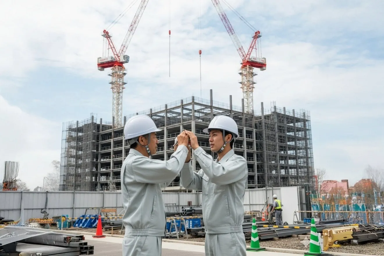 建設現場で安全指導を行う現場監督と若手作業員