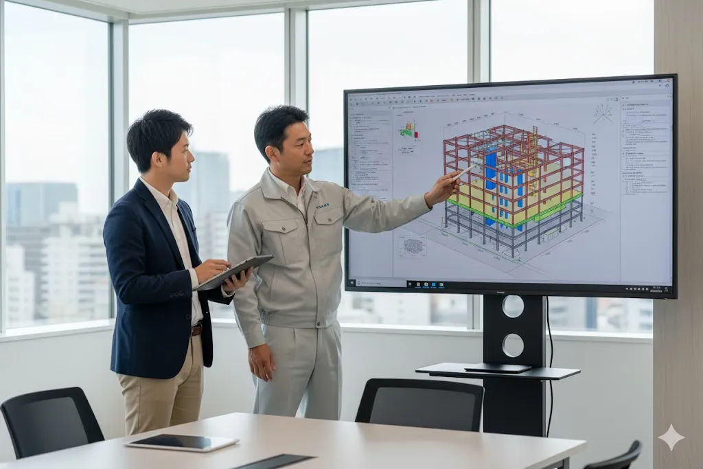 BIM/CIMの3Dモデルを活用して打ち合わせを行う建設会社の社員