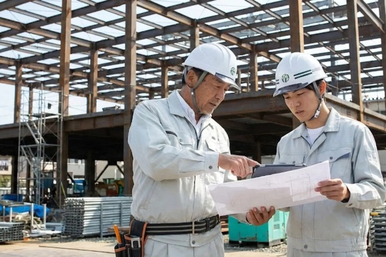 建設現場でベテラン技術者が若手作業員にタブレットを使って技術指導を行っている様子