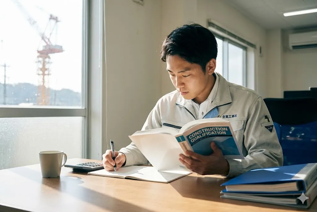 建設会社の事務室で国家試験合格に向けてテキストで学習を進める若手従業員の様子