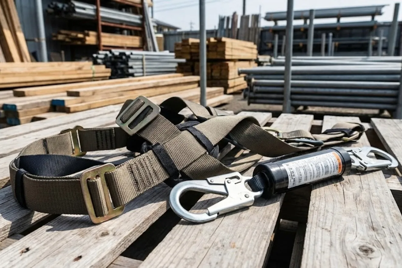 正しく装着されたフルハーネス型墜落制止用器具のクローズアップ