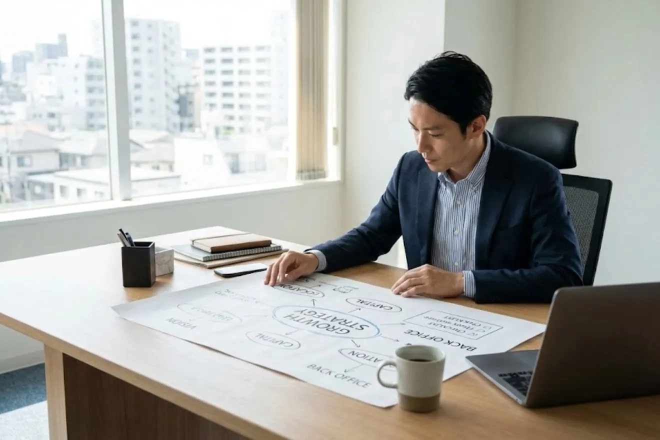デスクで戦略ロードマップを広げて事業計画を練る起業家の写真