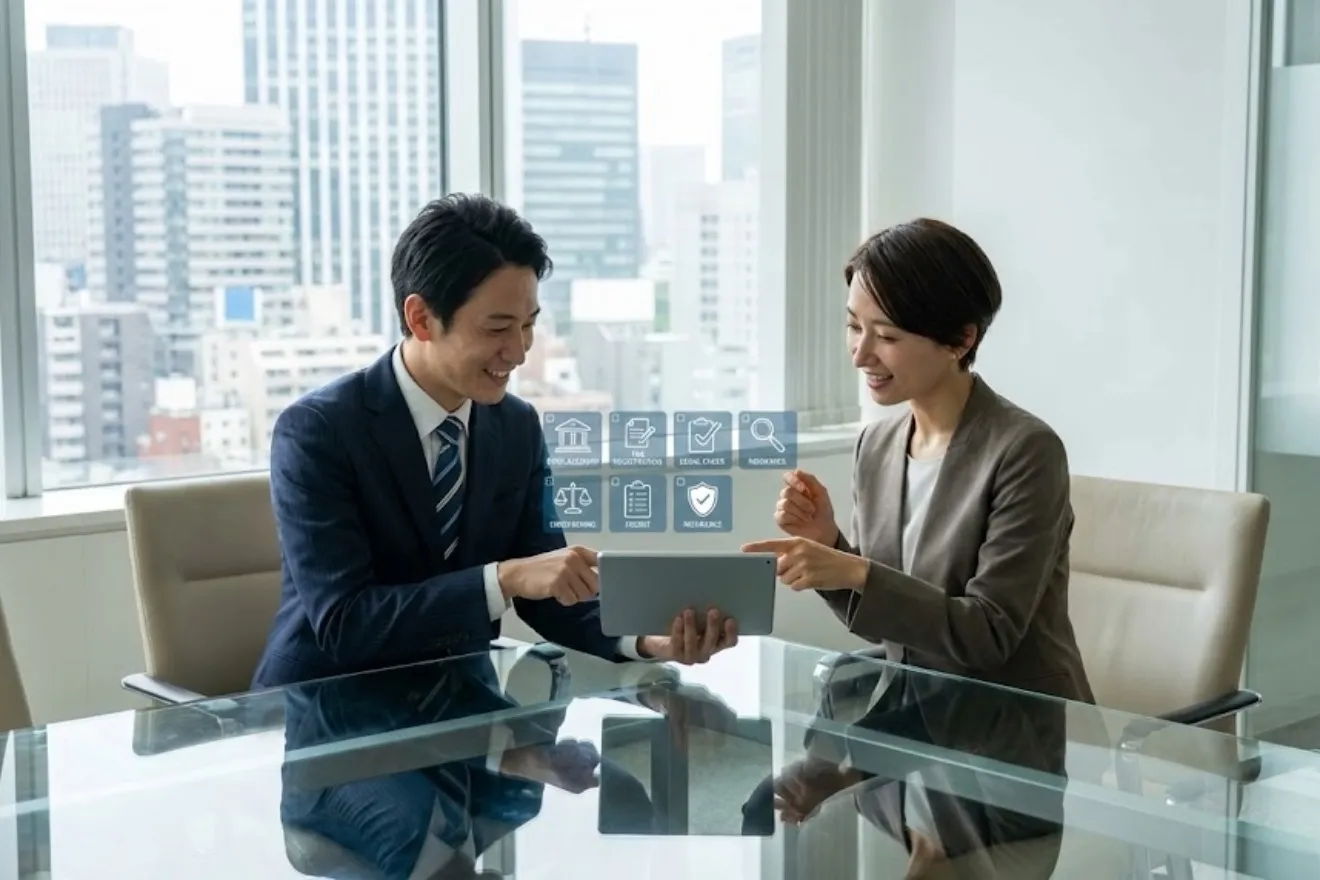 専門家と共にタブレットで設立準備のチェックリストを確認する様子