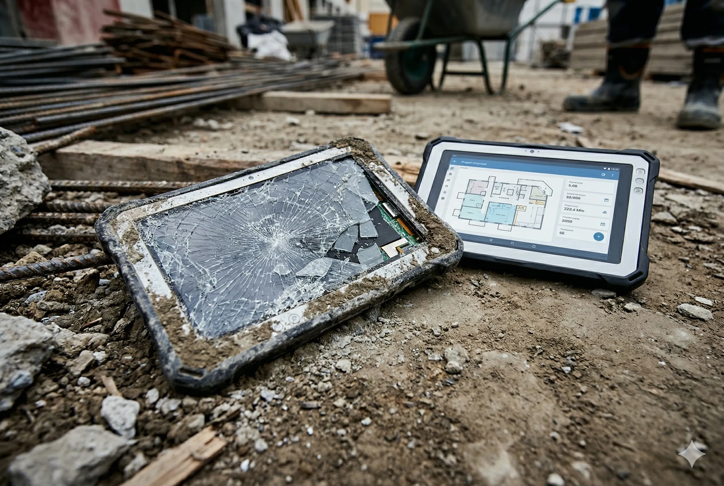 壊れた一般タブレットと、壊れていない現場用タブレット