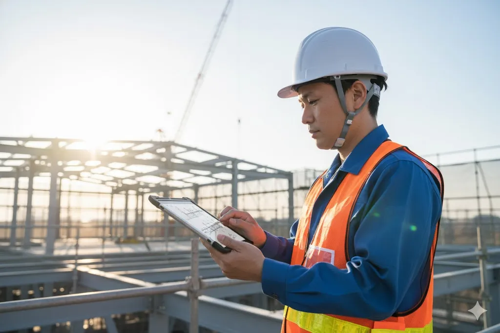 建設現場でタブレットを使い施工図面を確認する、ヘルメット姿の一人親方。