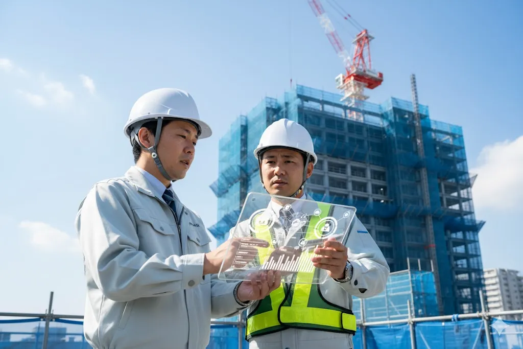 法改正に対応するため建設現場で打ち合わせを行う技術者たち