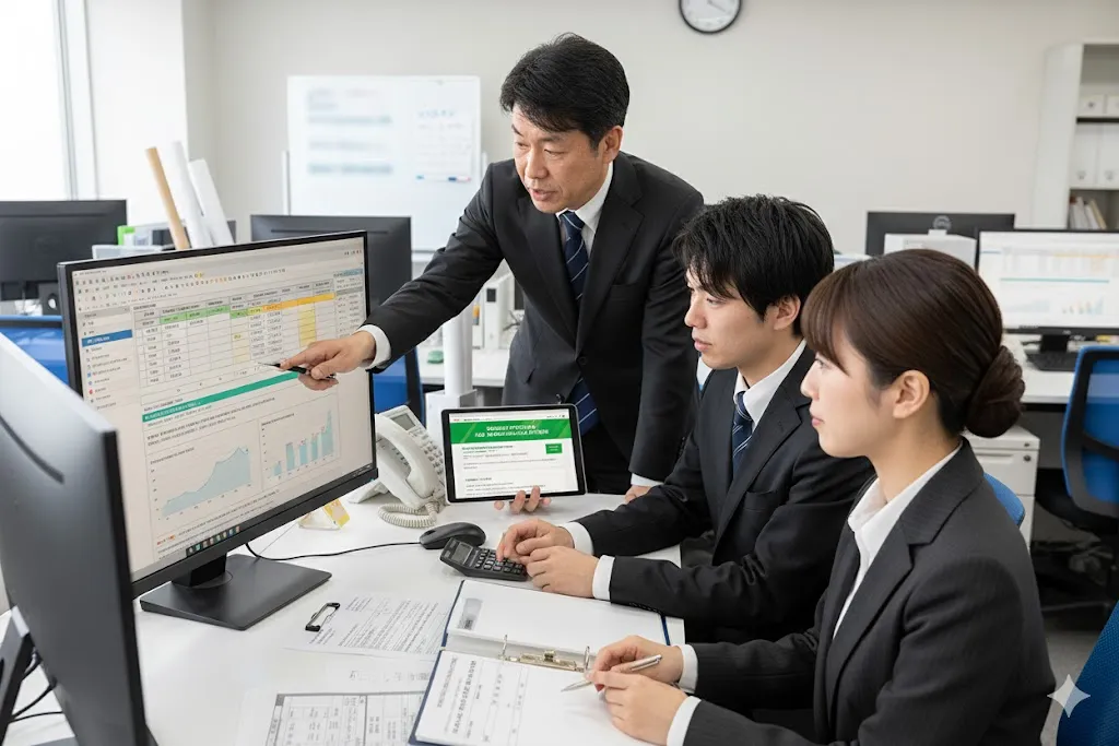 法改正に対応するため勤怠管理や就業規則の見直しを行う建設会社のスタッフ