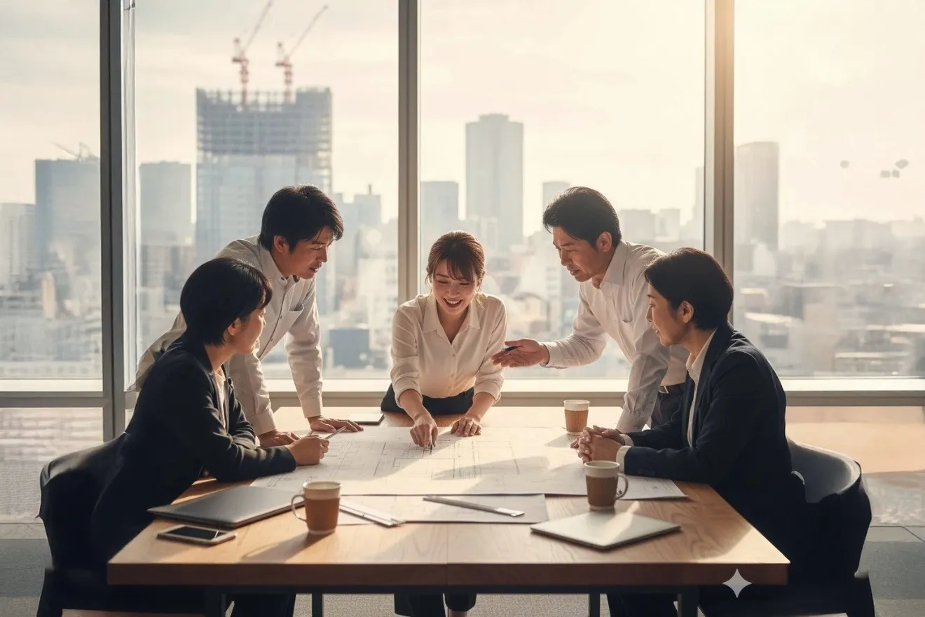 オフィスで設計図を囲みながらミーティングを行う建設会社のチームメンバー