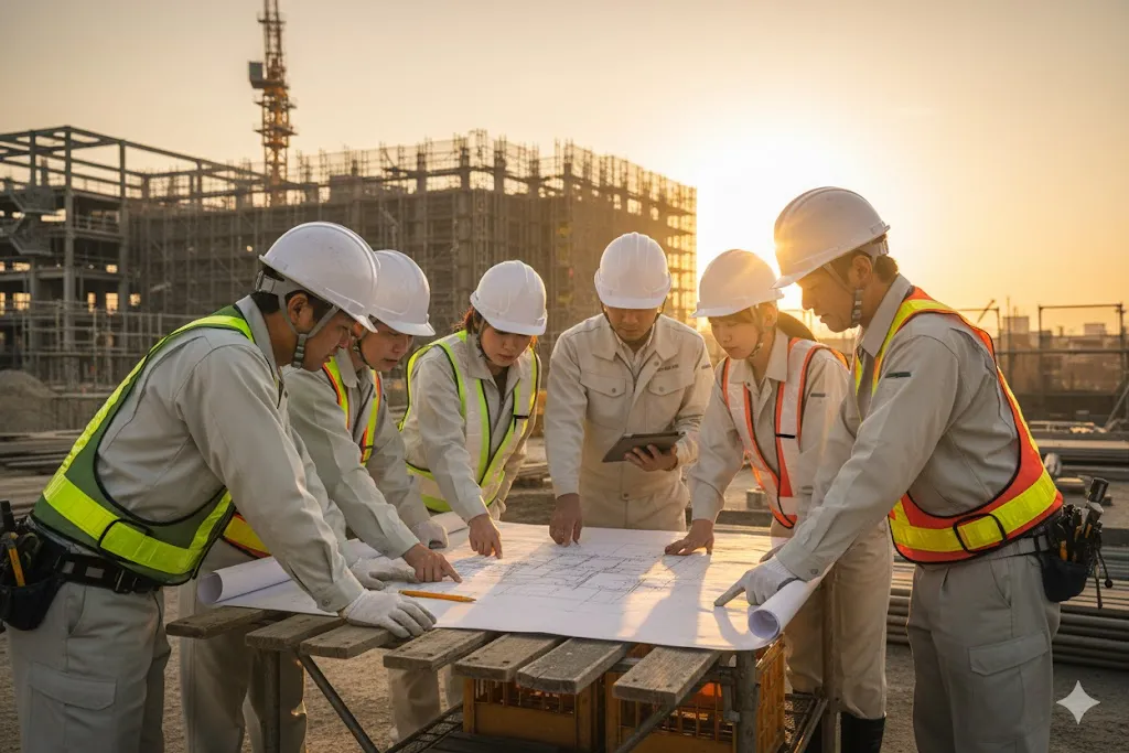 建設現場で図面を囲み打ち合わせをする作業員たち