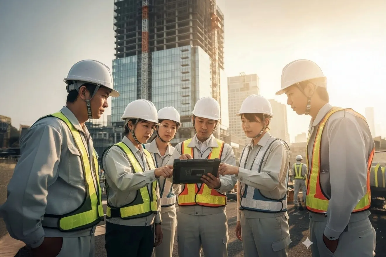 建設現場でタブレットを見ながら打ち合わせをする技術者たち