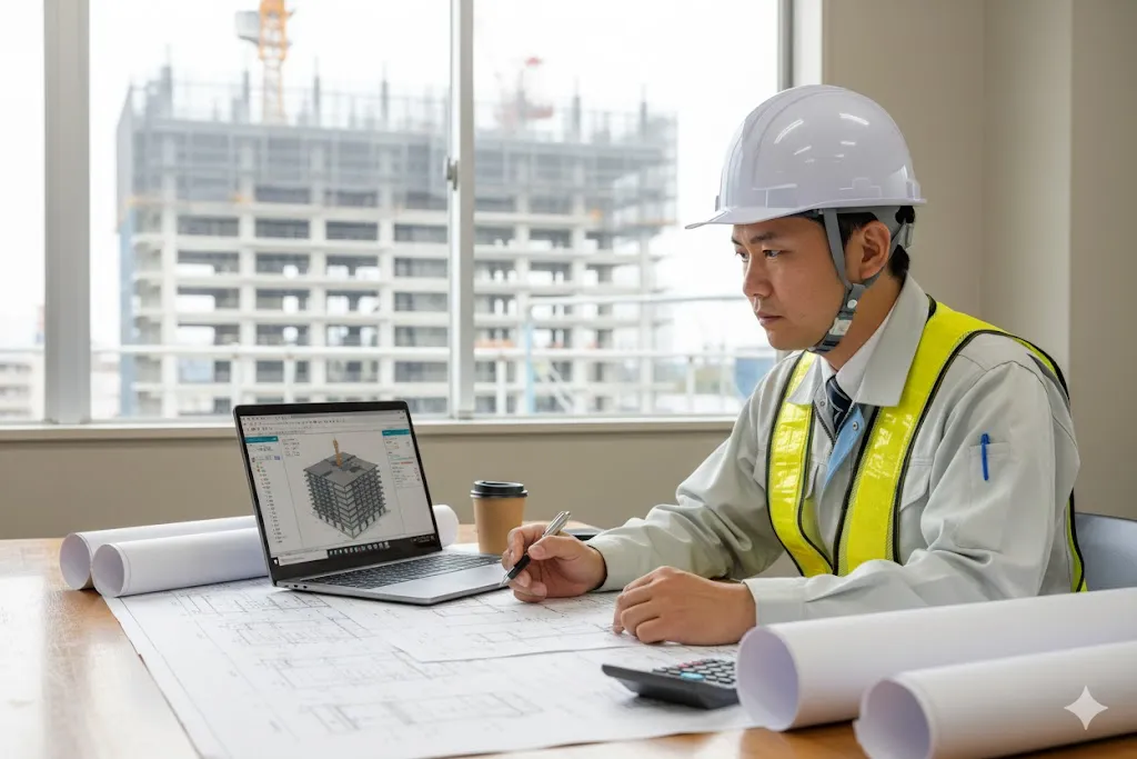 建設現場の事務所で設計図面とパソコンを見比べながら積算業務を行うエンジニア