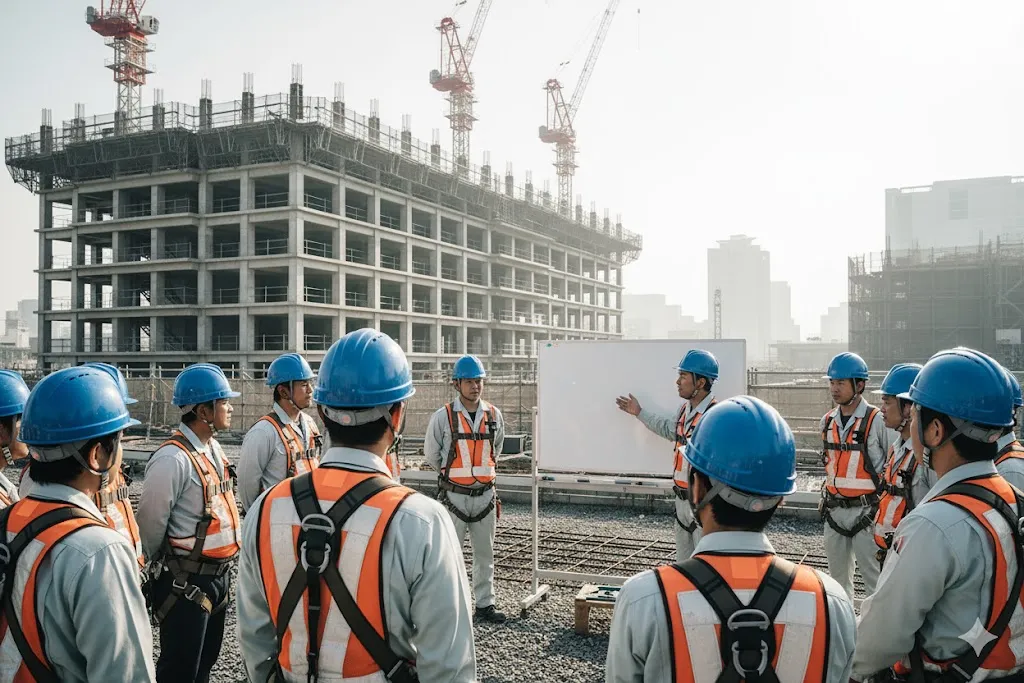 建設現場の朝礼で安全指示に耳を傾ける作業員たち