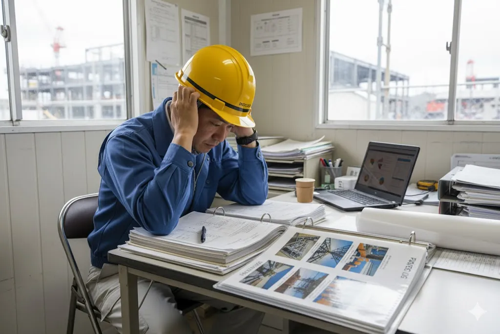 事務所で安全管理書類の確認に頭を悩ませる現場管理者
