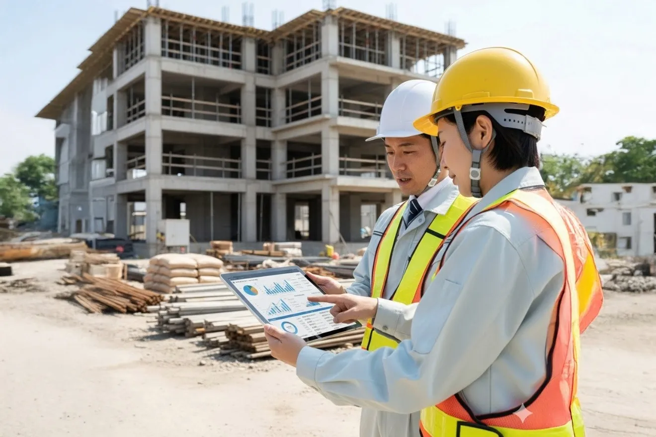 建設現場でタブレットを見ながら打ち合わせをする現場監督と作業員