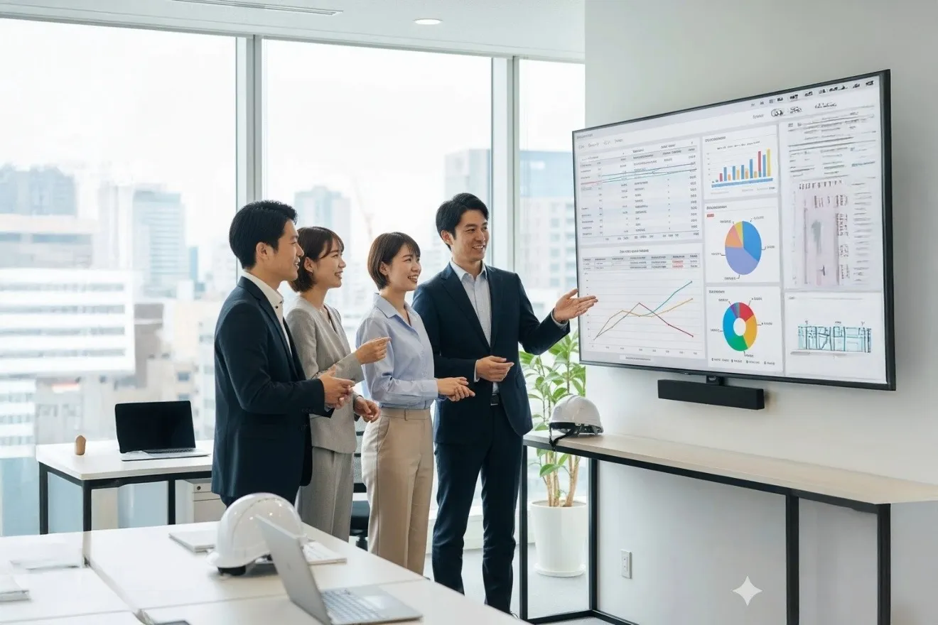 オフィスで工事原価管理システムのデータを見ながら議論する建設会社の社員たち