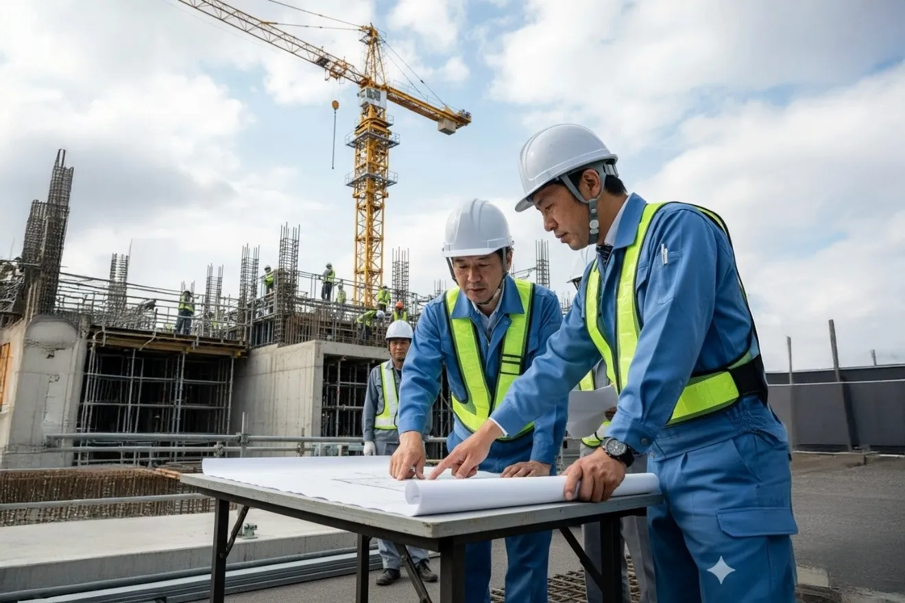 建設現場で施工計画書を確認しながら打ち合わせる現場監督と作業員