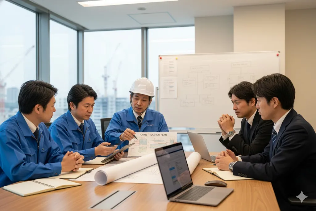 施工計画書について会議室でミーティングを行う建設技術者たち