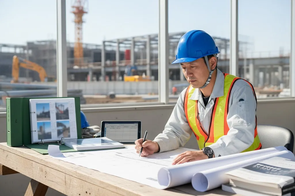 設計図面と仕様書を確認する建設作業員