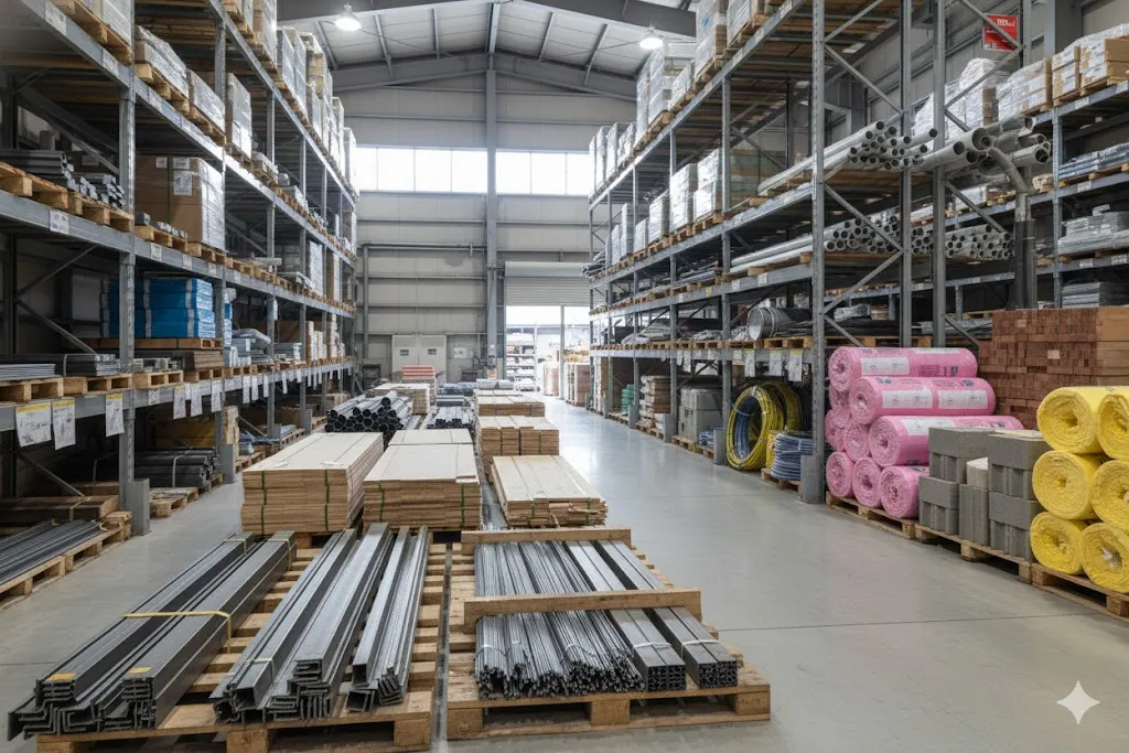 比較検討のために倉庫に並べられた建設資材