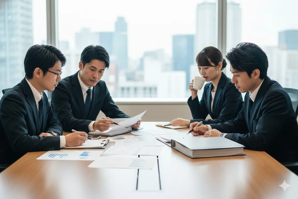 入札書類を確認するビジネスパーソンたち
