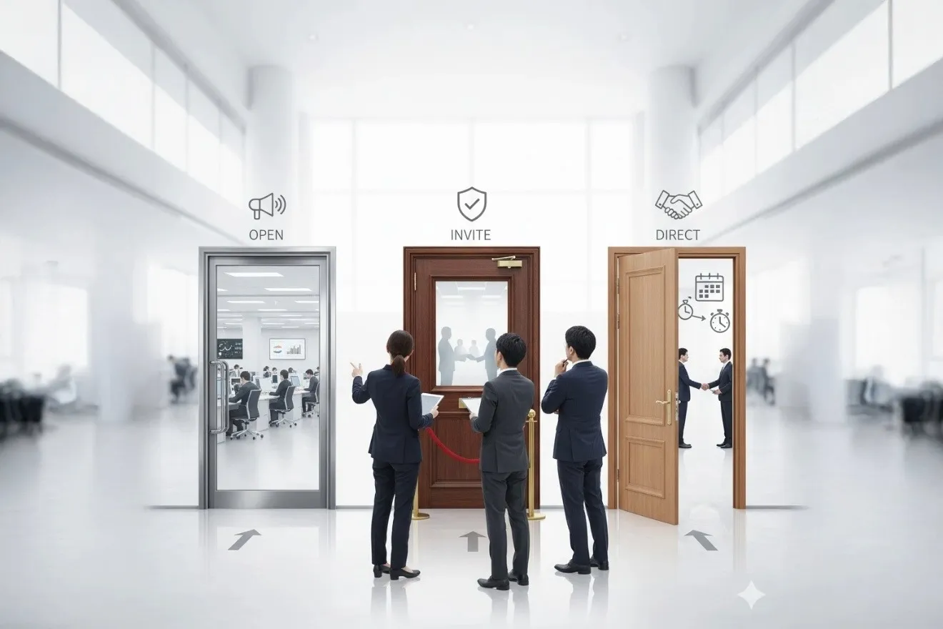 3つの契約方式の選択肢を比較検討するビジネスパーソン