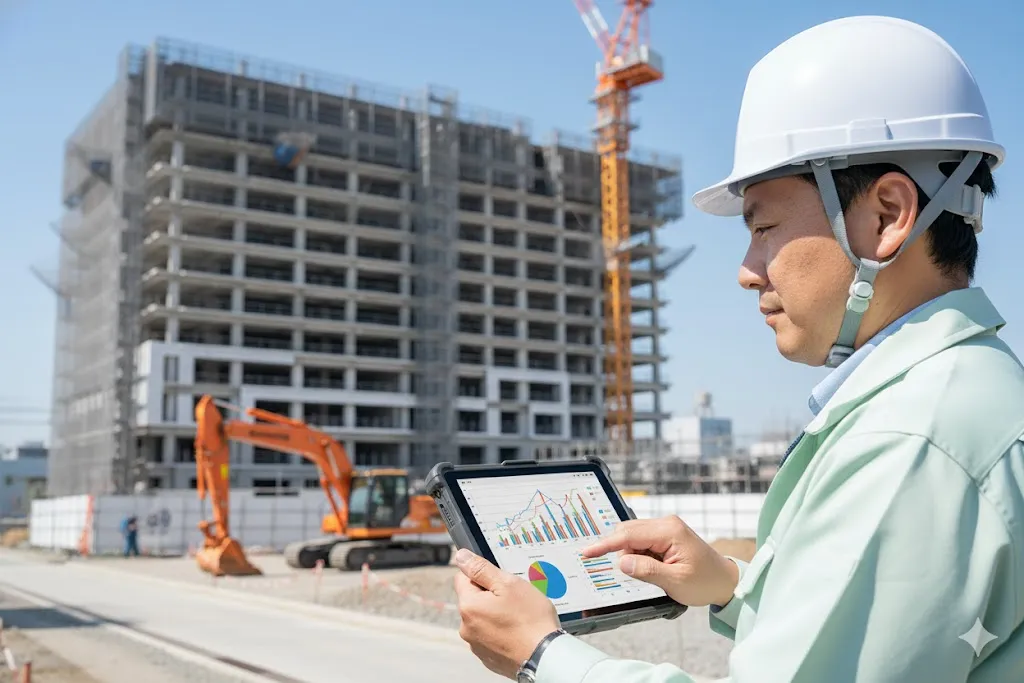 建設現場でタブレットを操作する現場監督と建設機械