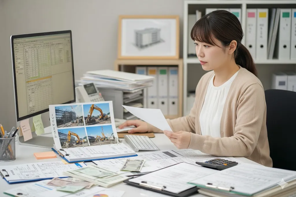 補助金申請のために証拠書類を整理する建設業の経理担当者