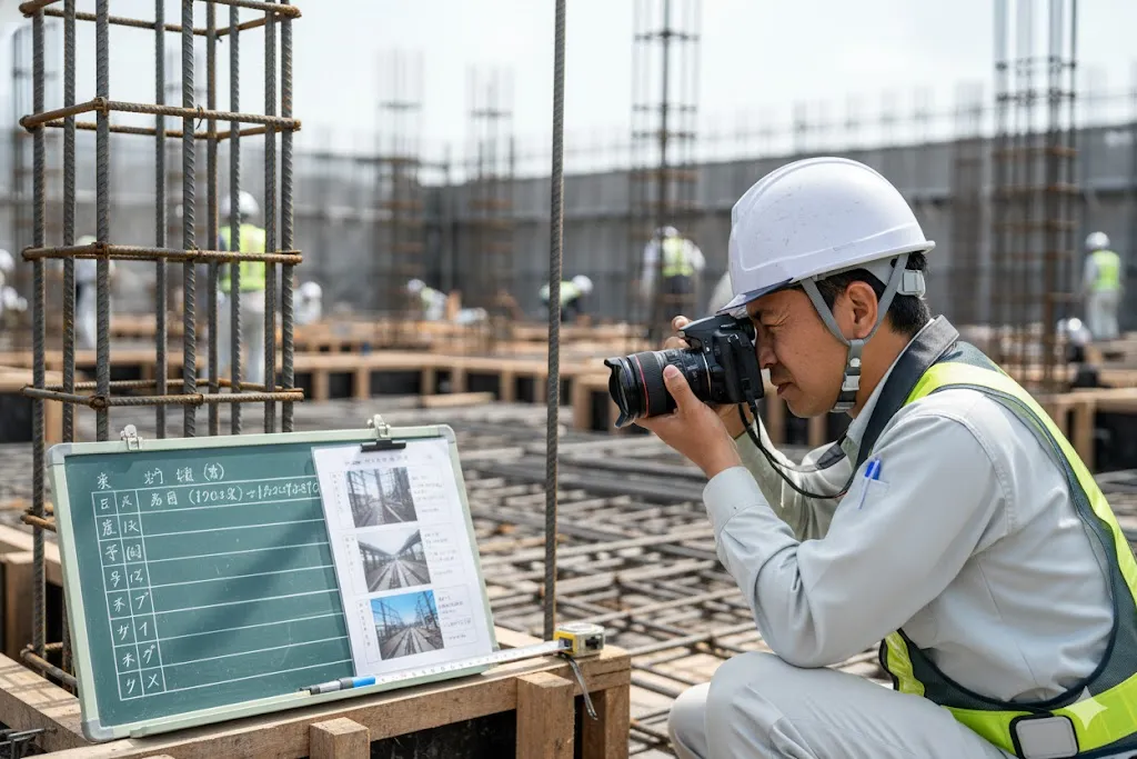 建設現場で配筋と工事黒板を撮影する作業員