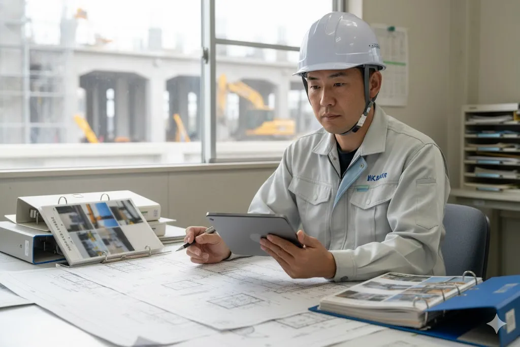 建設工事の監査で、図面と工事写真台帳を照合し確認する検査官