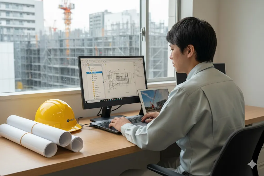 建設技術者が事務所のノートパソコンで、電子納品のフォルダ構成とCADデータを確認している様子。