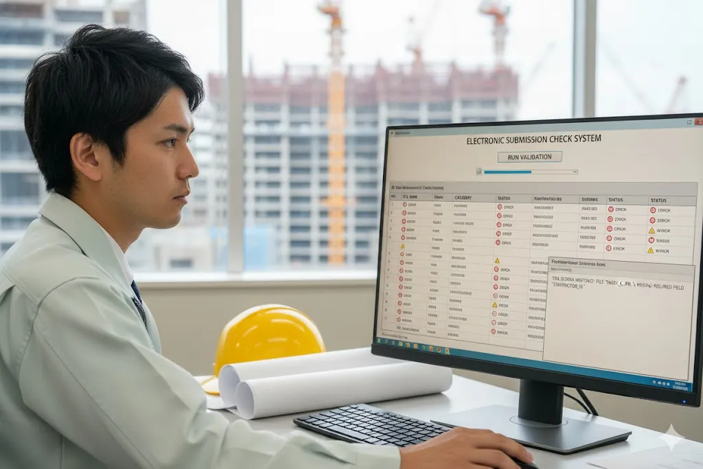 技術者がパソコンで電子納品チェックシステムを実行し、エラー項目を確認している様子の写真。