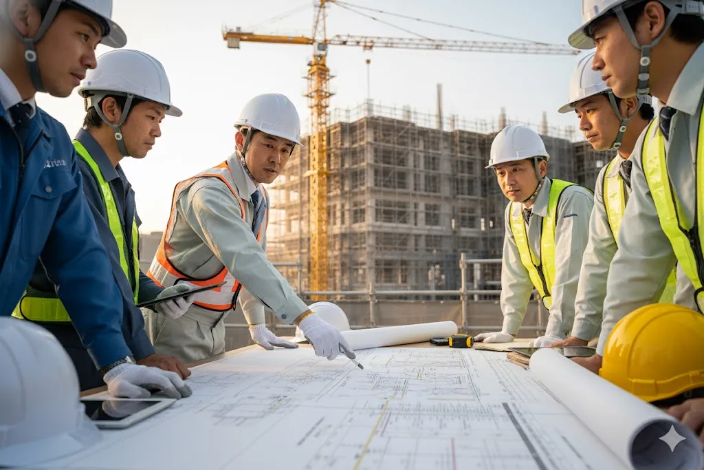 建設現場で工程表を確認しながら打ち合わせを行う技術者たち