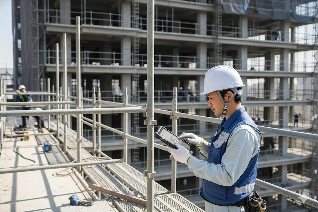 建設現場でタブレット端末を使い工程管理を行う現場監督