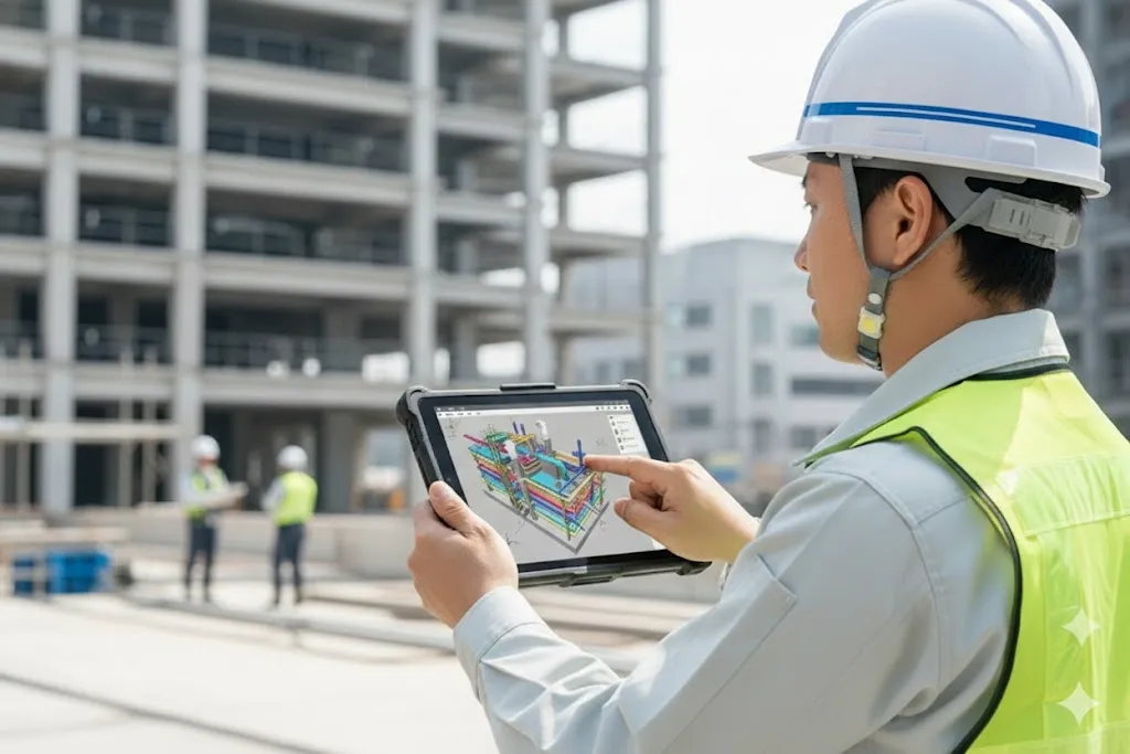 タブレットでBIMデータを確認する建設技術者