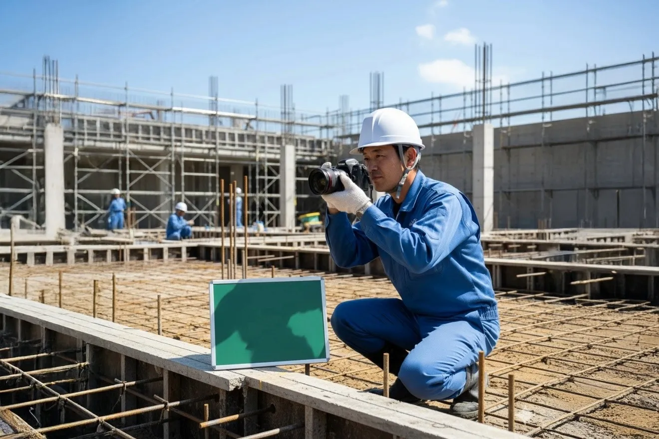 建設現場で工事黒板を持ち、工事写真の撮影準備をしている作業員。