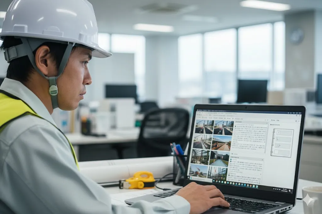 パソコンで写真台帳の整理作業を行う現場監督