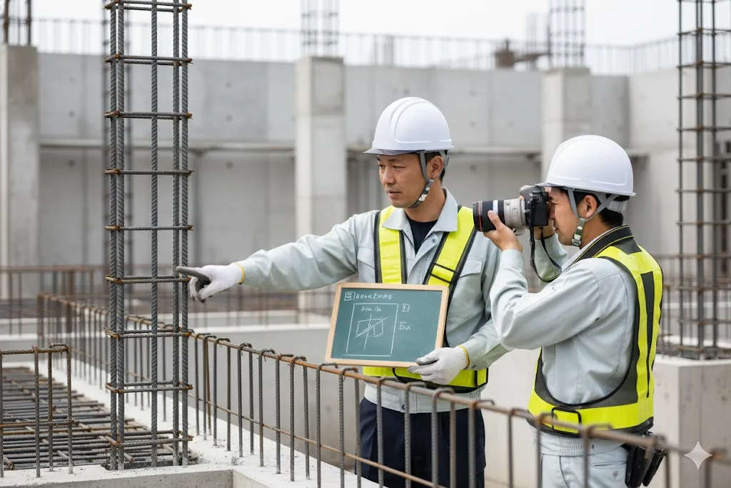 建設現場で工事写真の撮影準備をしている作業員