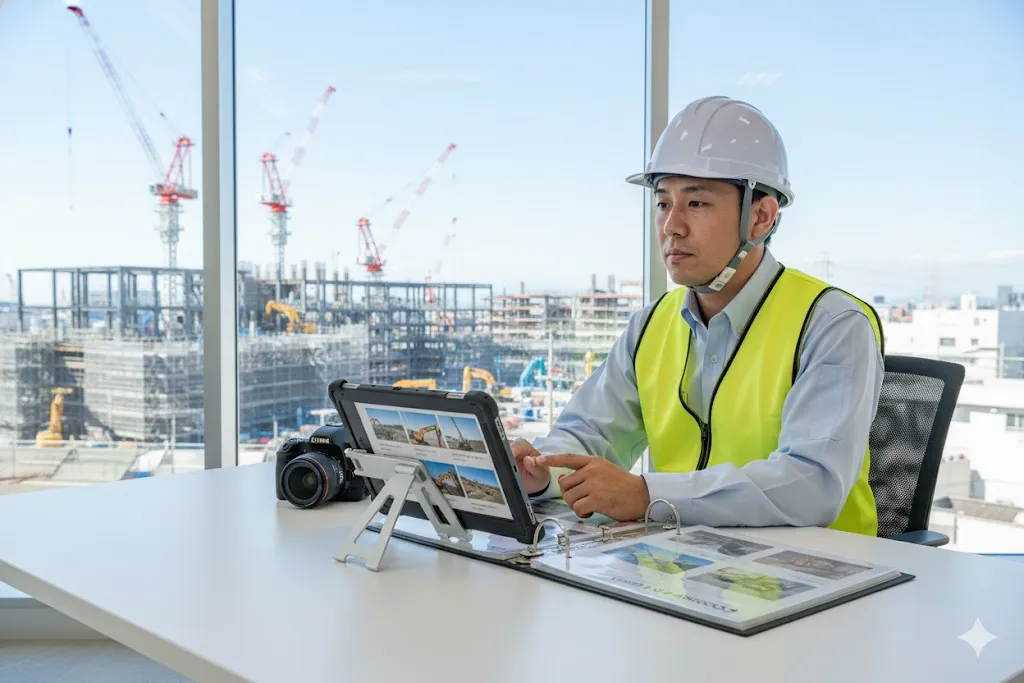 建設技術者がタブレットで工事写真の電子納品データを管理している様子
