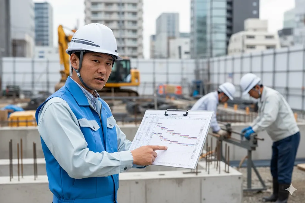 建設現場で工程表を確認しながら作業指示を行う監督者
