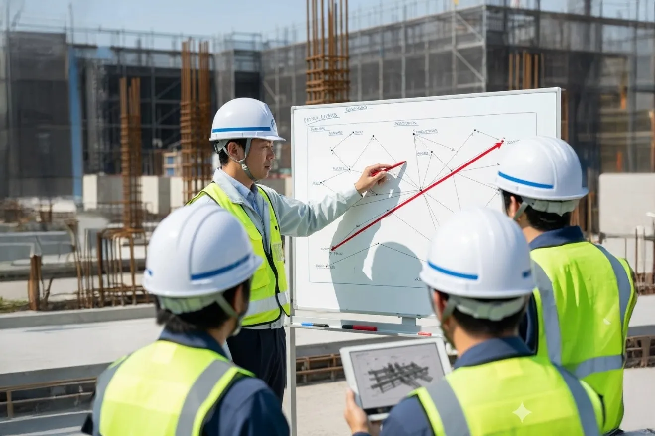 ネットワーク式工程表のクリティカル・パスを指し示す建設現場の監督者